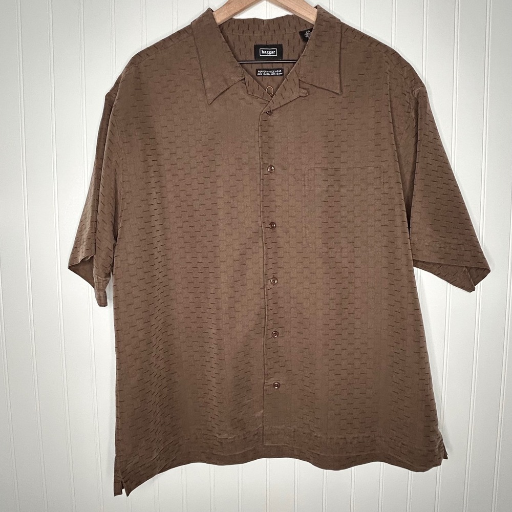 Haggar Performance Mens Shirt Size L Brown Textured Short Sleeve Button Down